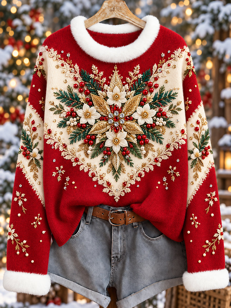 Women's Retro Floral Christmas-Themed Patchwork Sweatshirt