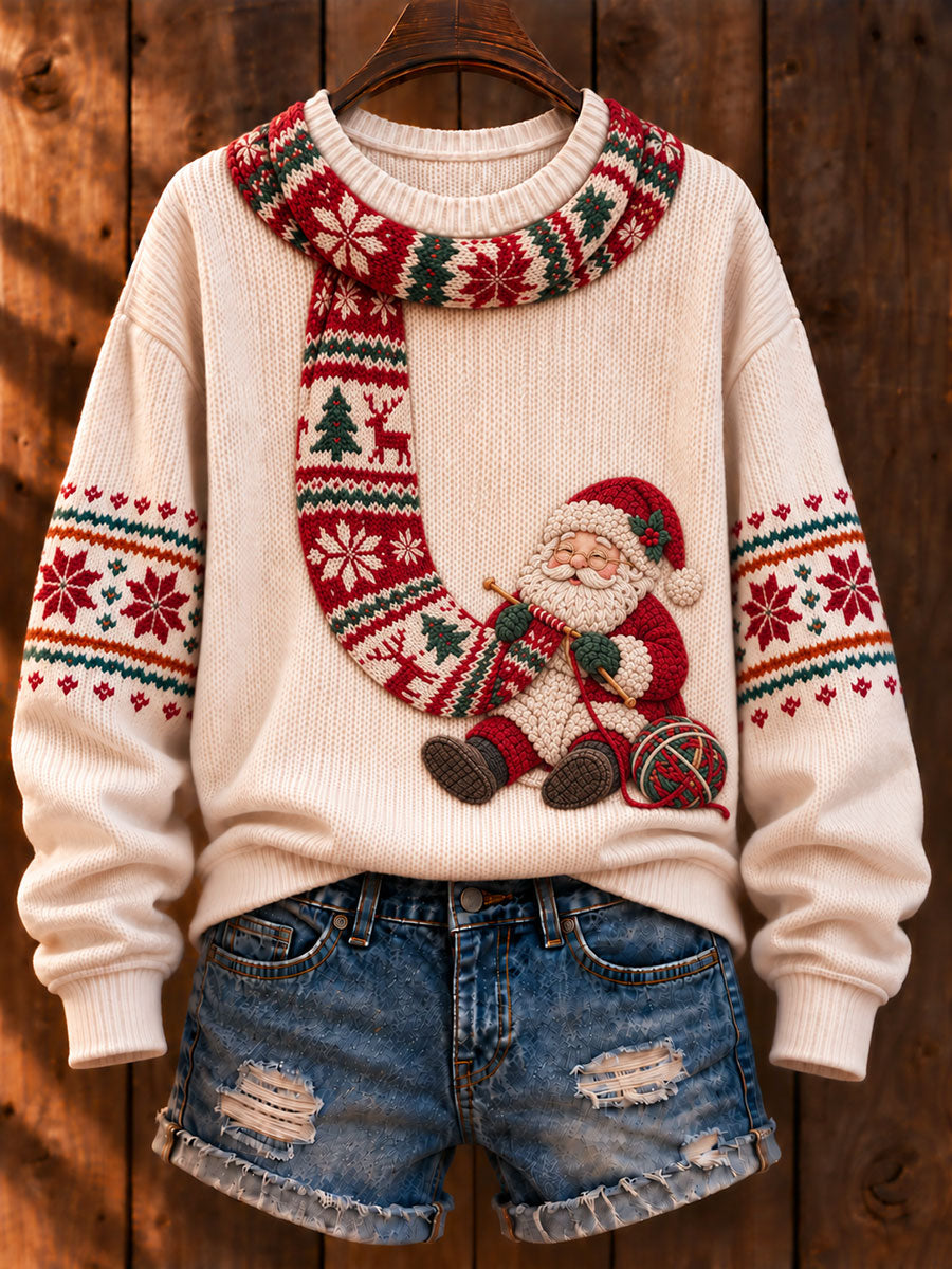 Women's Christmas 'Santa Claus Knitting a Scarf' Printed Casual Sweater