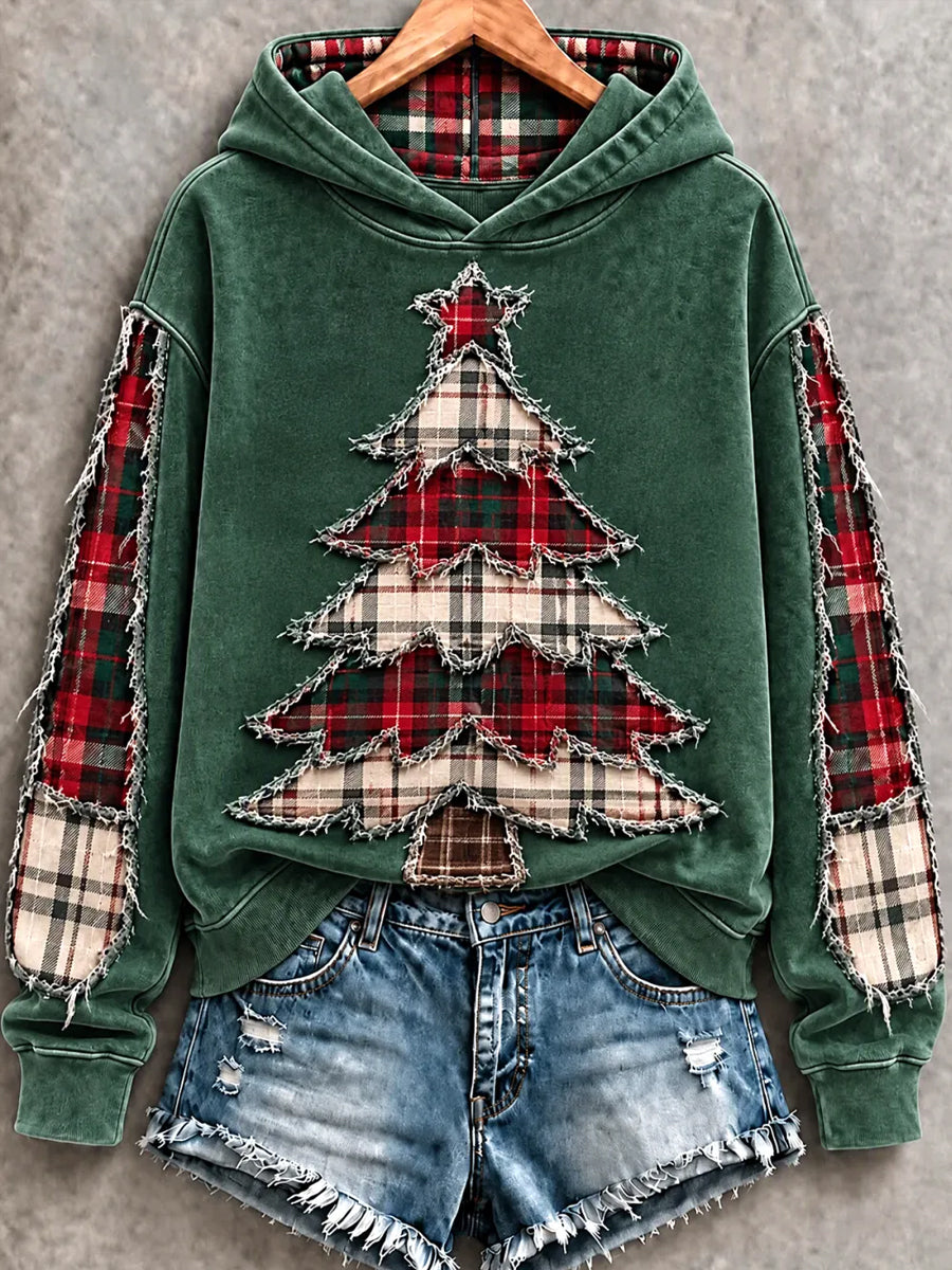 Women's Vintage Christmas Tree Art Printed Hoodie