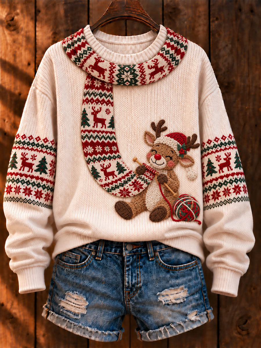 Women's Christmas 'Reindeer Knitting a Scarf' Printed Casual Sweater