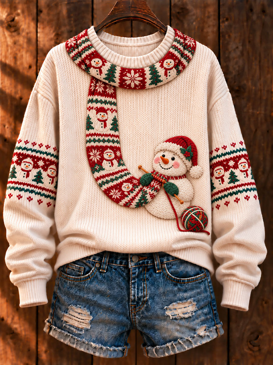 Women's Christmas 'Snowman Knitting a Scarf' Printed Casual Sweater