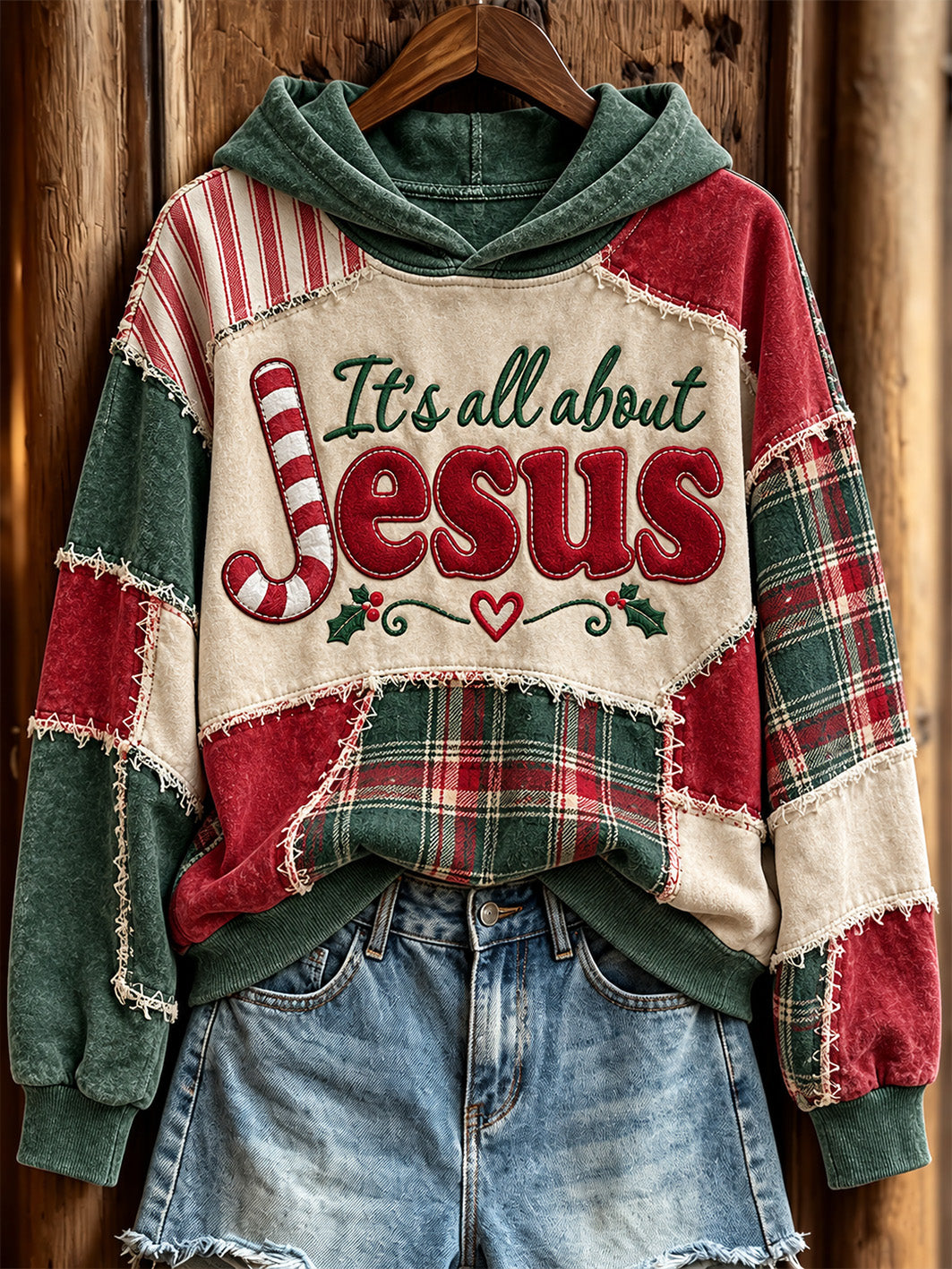 Women's Christmas Color Block Patchwork Design Is All About Jesus Pattern Casual Hoodie