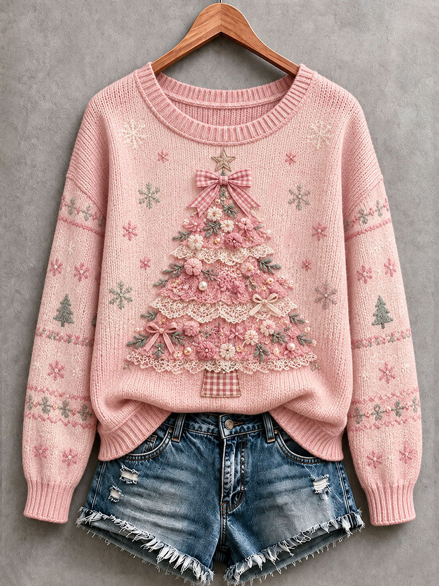 Women’s Pink Christmas Tree Cozy Knit Sweater