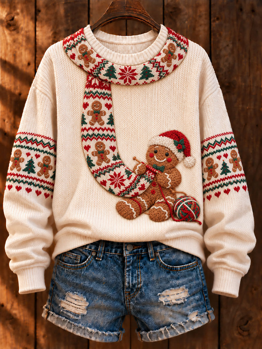 Women's Christmas 'Gingerbread Man Knitting a Scarf' Printed Casual Sweater