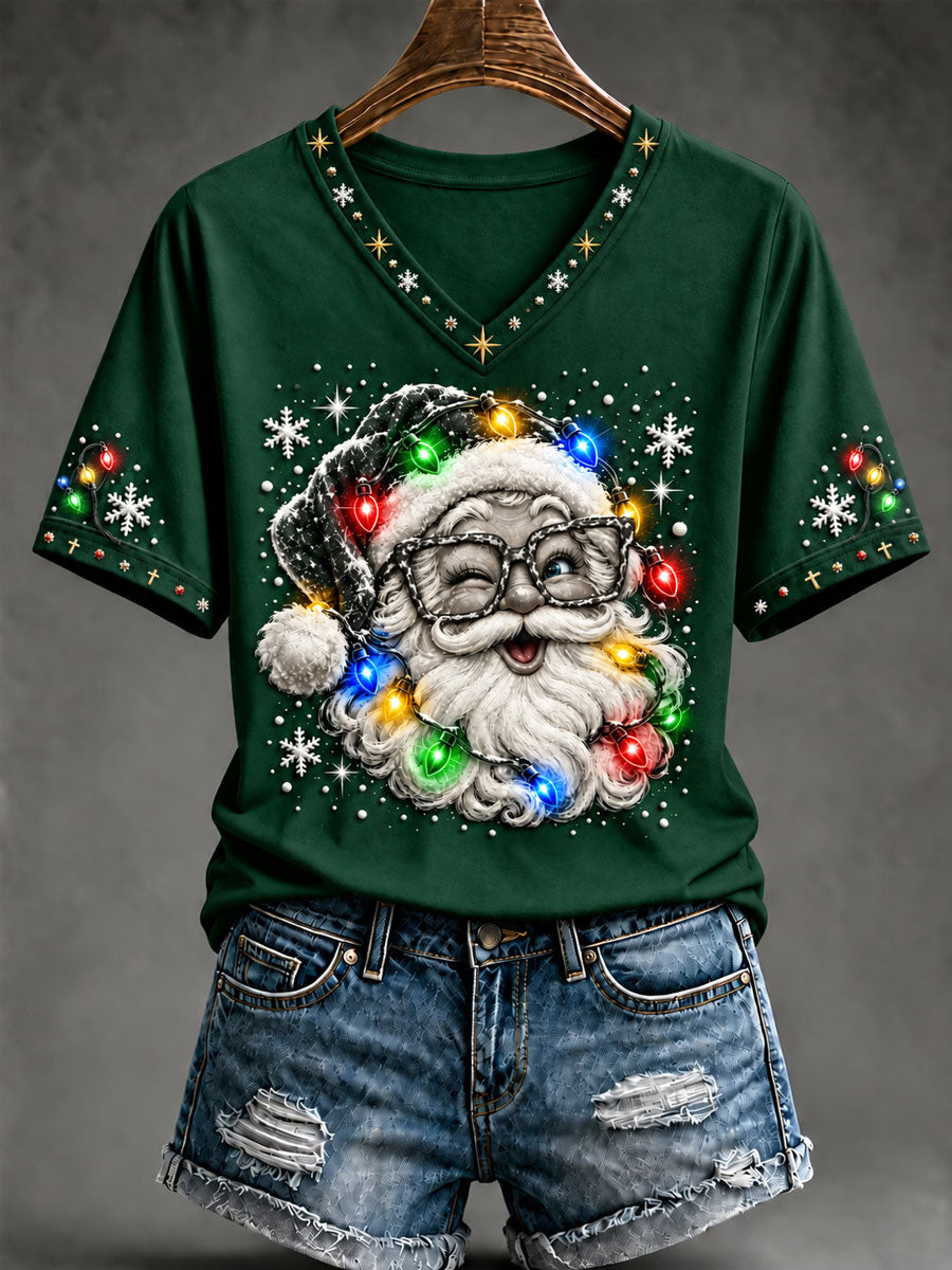 Women's Cute Santa Claus Lantern Art V-neck Short Sleeve T-shirt
