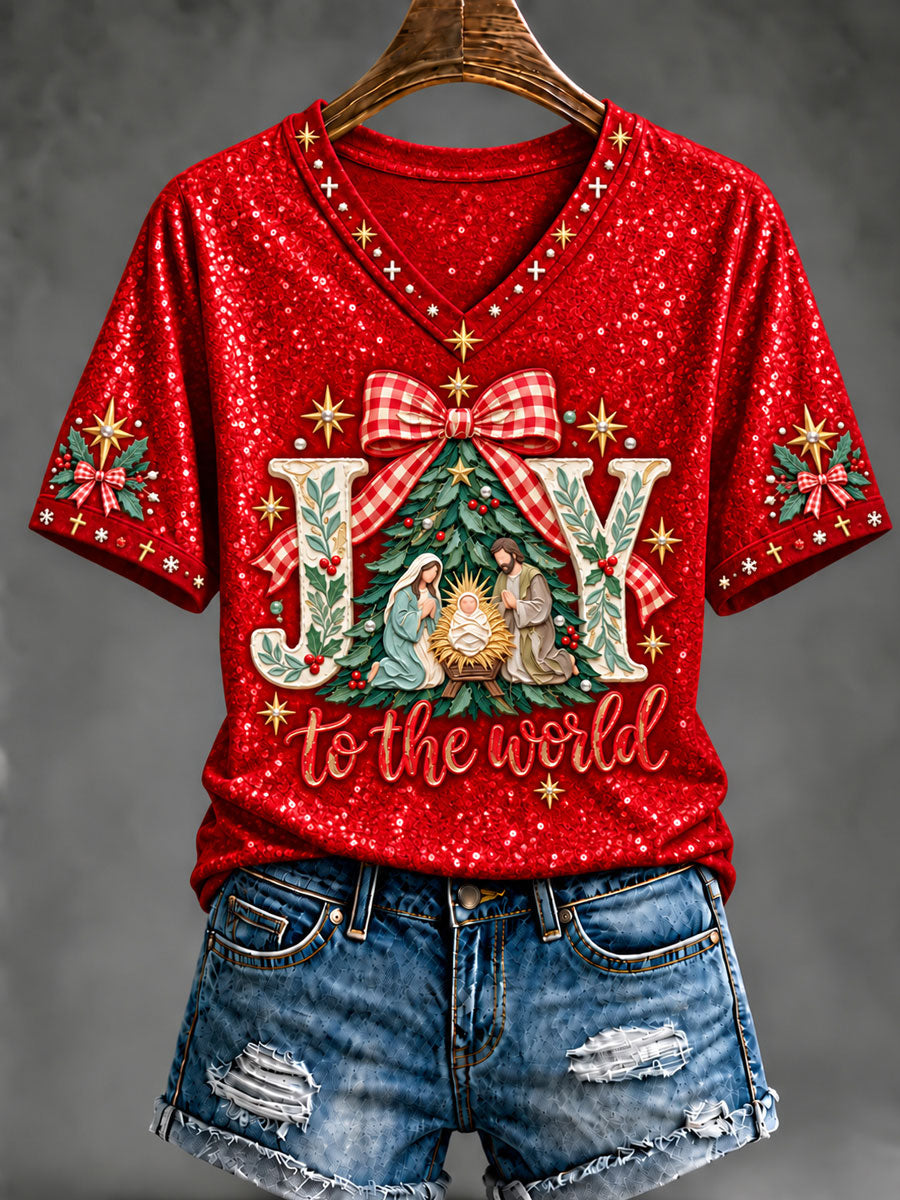 Women's Christian Christmas Joy To The World Art V-neck Short Sleeve T-shirt