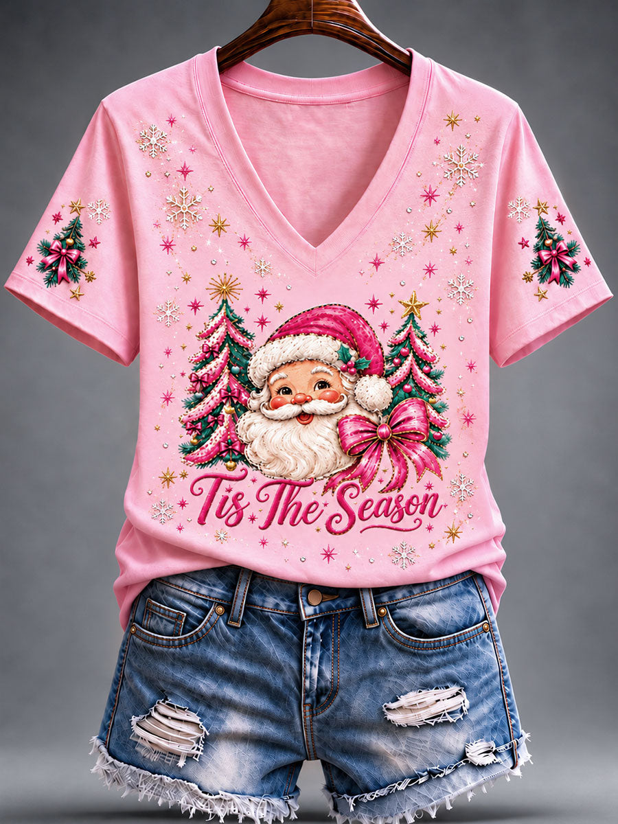 Women's Christmas Pink Santa Claus Short-Sleeved T-Shirt