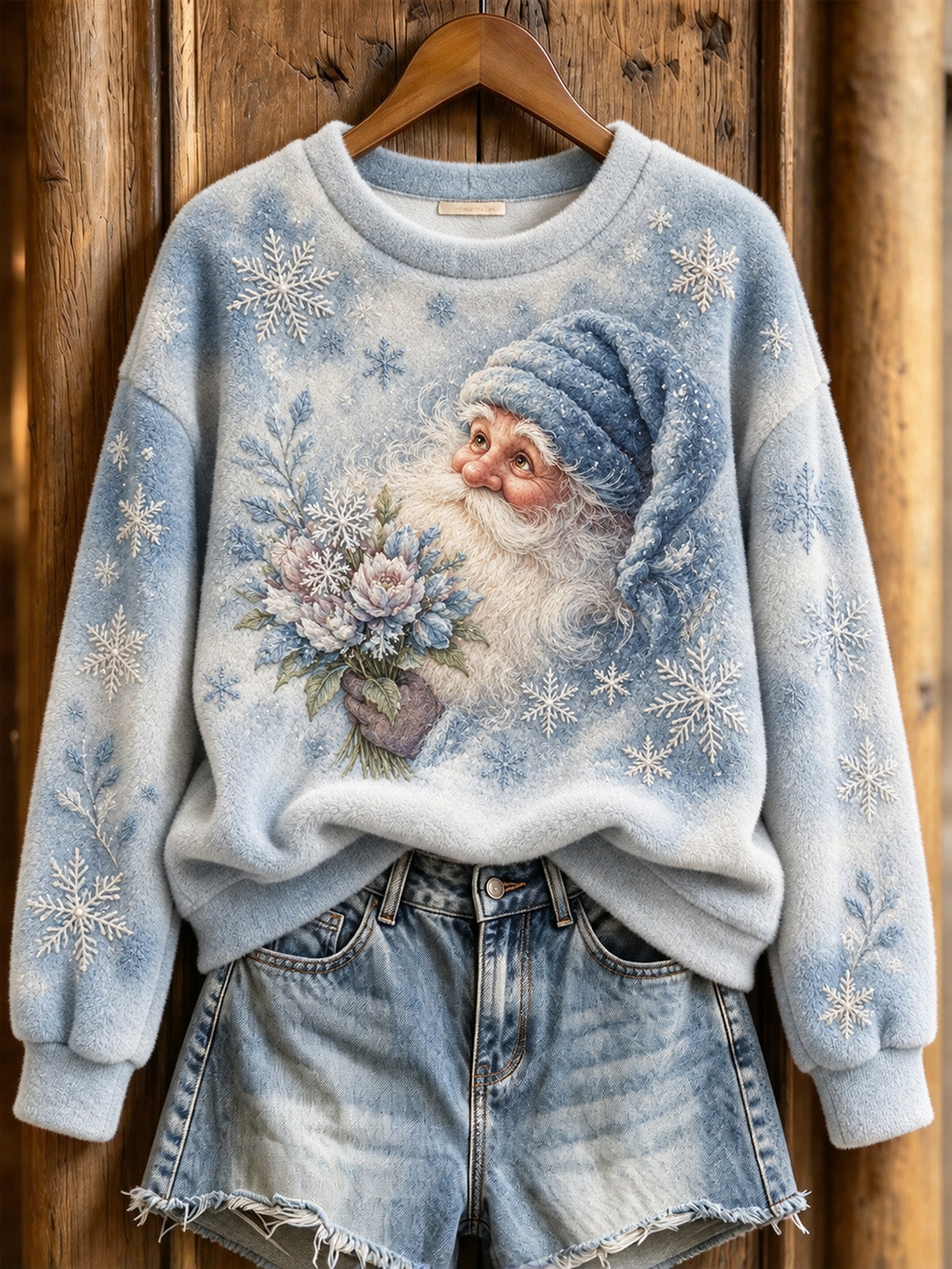 Women's Winter Christmas Santa Claus Pattern Casual Flannel Sweatshirt