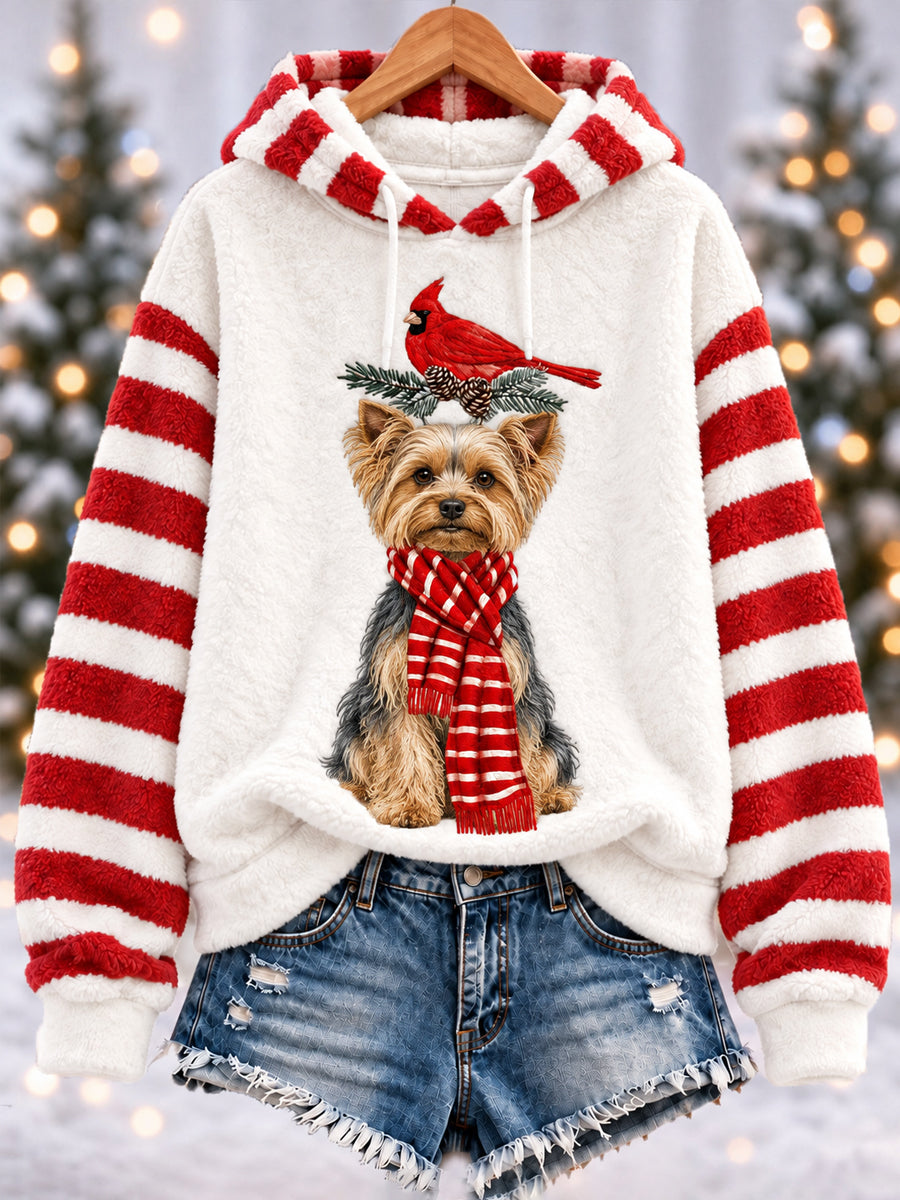 Women's Christmas Cute Funny Yorkshire Terrier Northern Cardinal Stripes Print Casual Flannel Hoodie