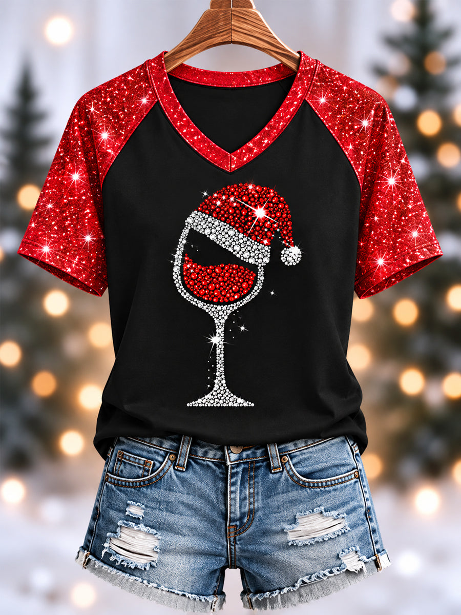Women's Christmas Red Wine Glas Print Casual V-Neck Tee