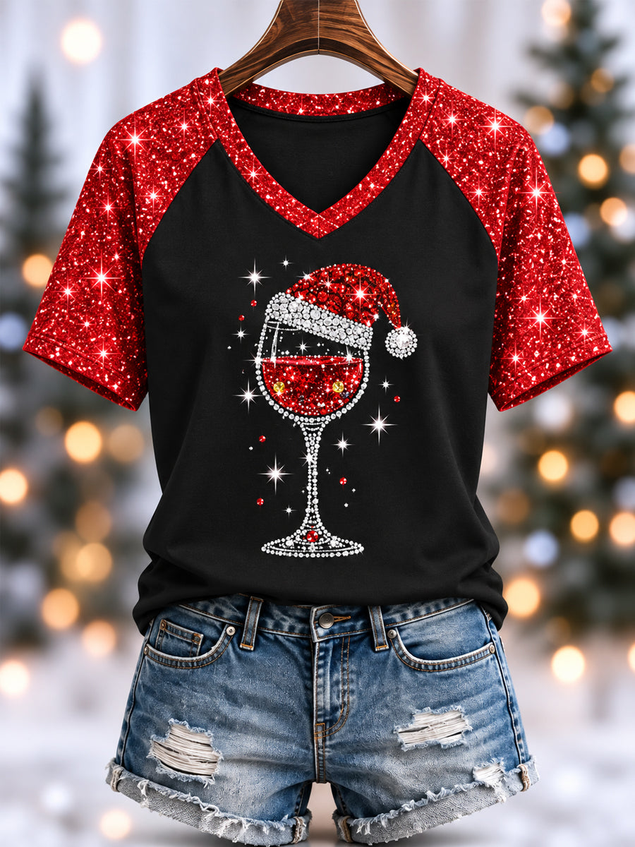 Women's Christmas Red Wine Glas Print Casual V-Neck Tee