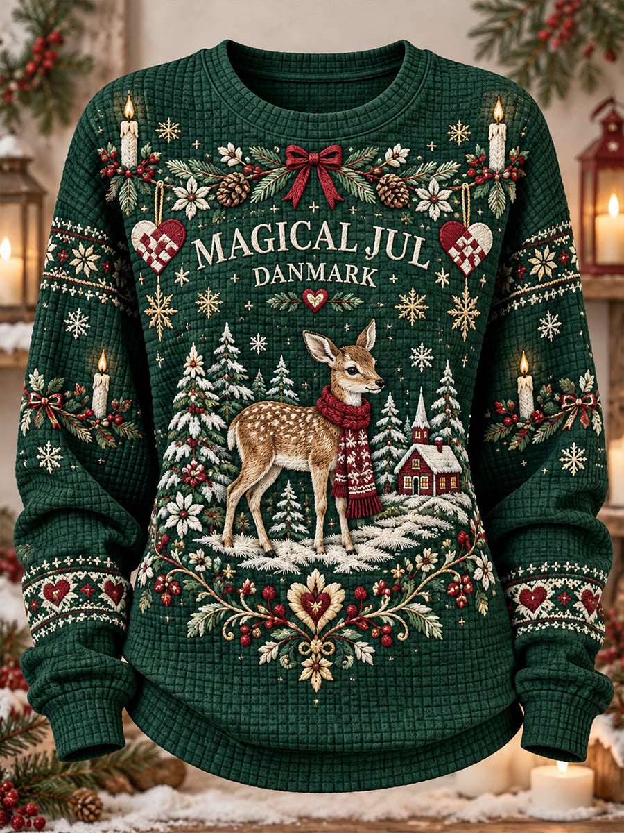 Women’S Christmas-Themed Print Waffle-Knit Long-Sleeve Sweatshirt