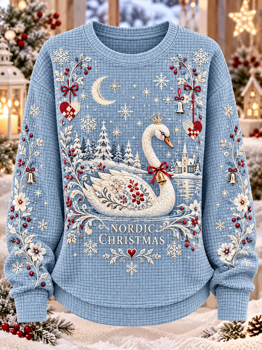 Women’S Christmas-Themed Print Waffle-Knit Long-Sleeve Sweatshirt