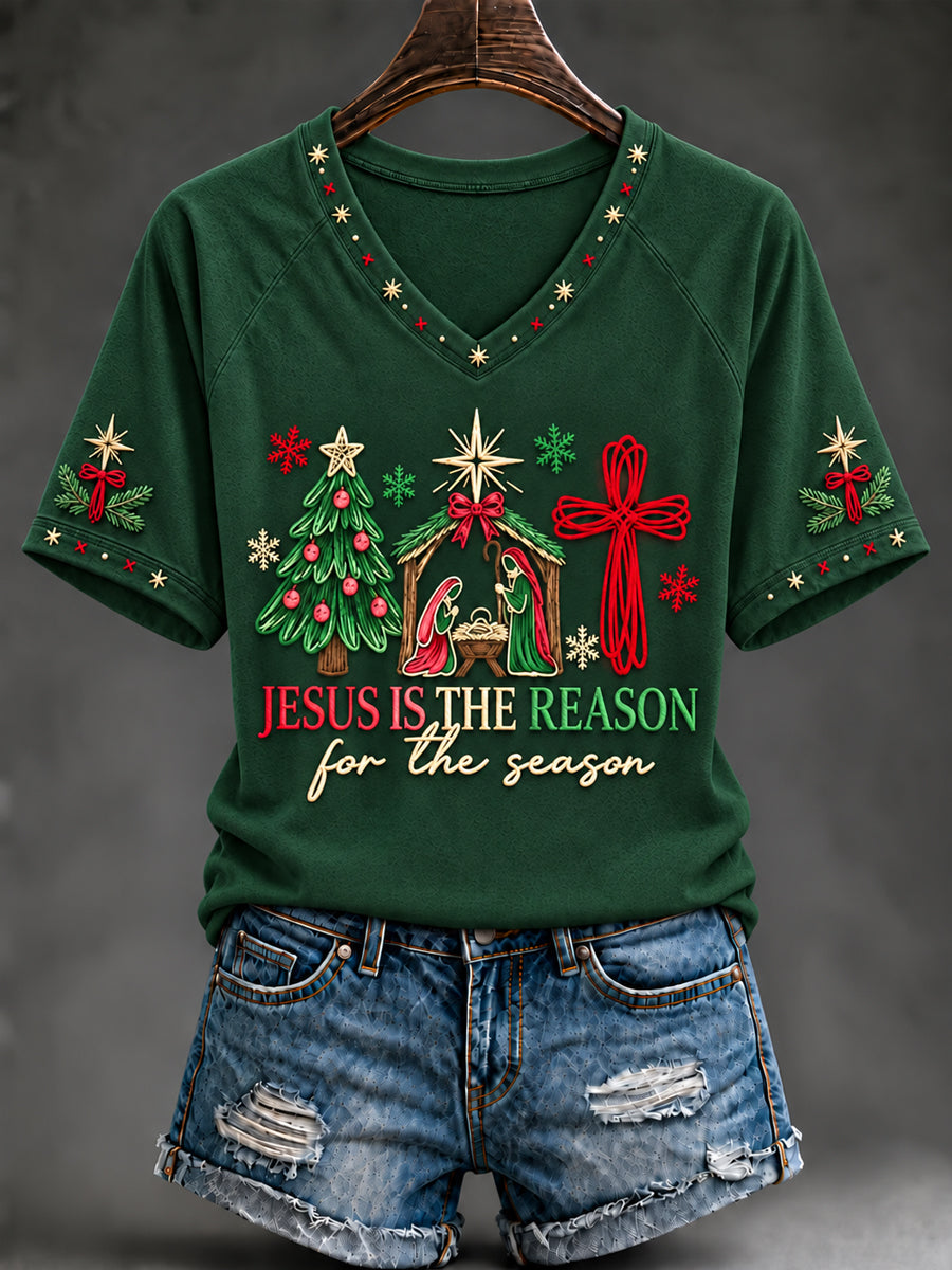 Women's Christian Christmas Jesus Is The Reason For The Season Cross V-neck Short Sleeve T-shirt