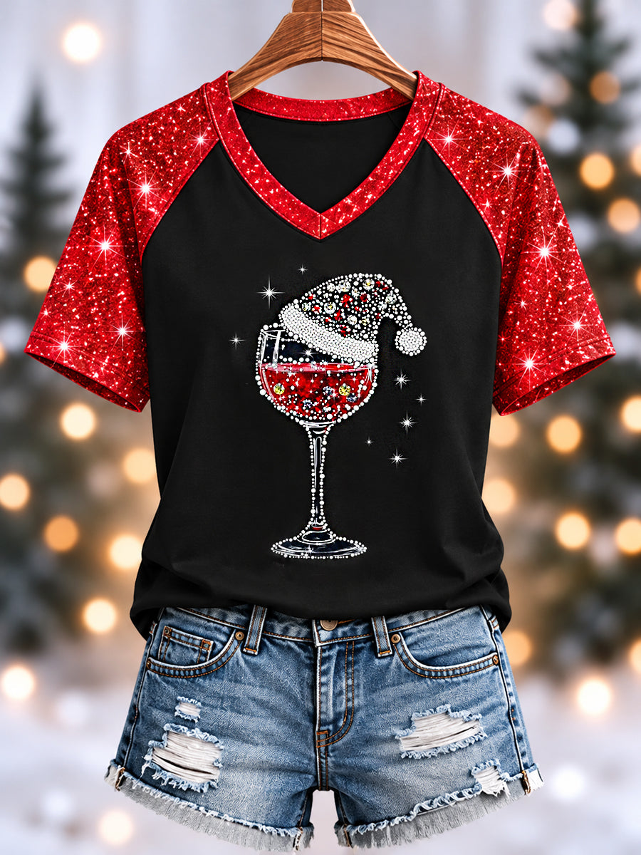 Women's Red Wine Glass Christmas Hat Print Casual V-Neck Tee