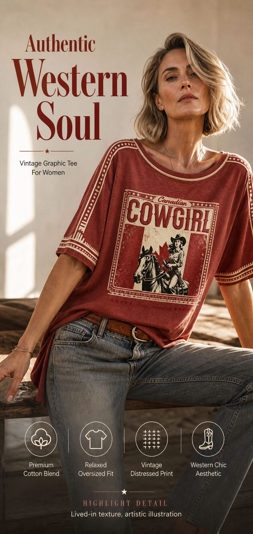 Women's Retro Calgary Stampede Printed Vintage Fashion Loose Short Sleeve T-Shirt