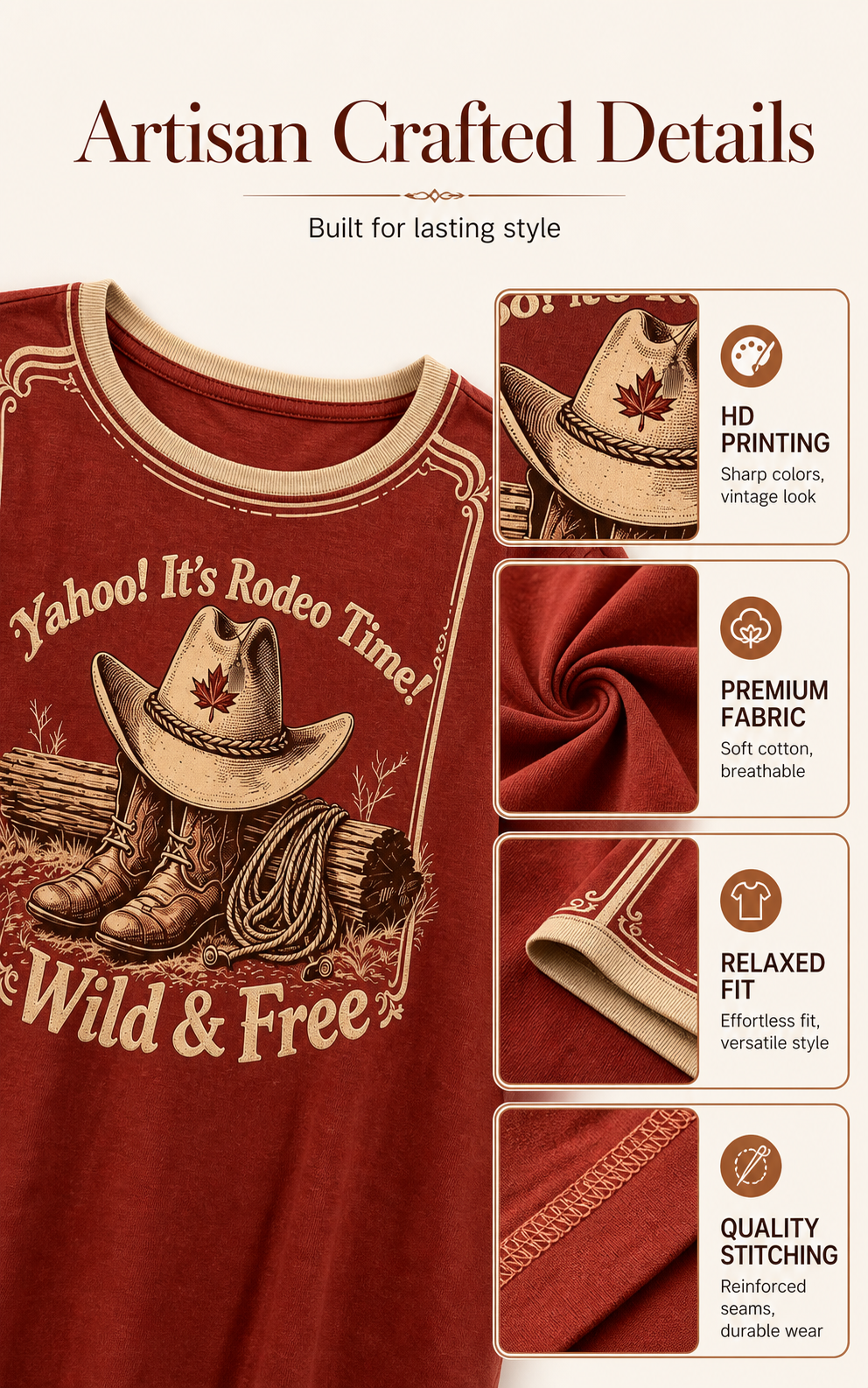 Women's Retro Calgary Stampede Printed Vintage Fashion Loose Short Sleeve T-Shirt