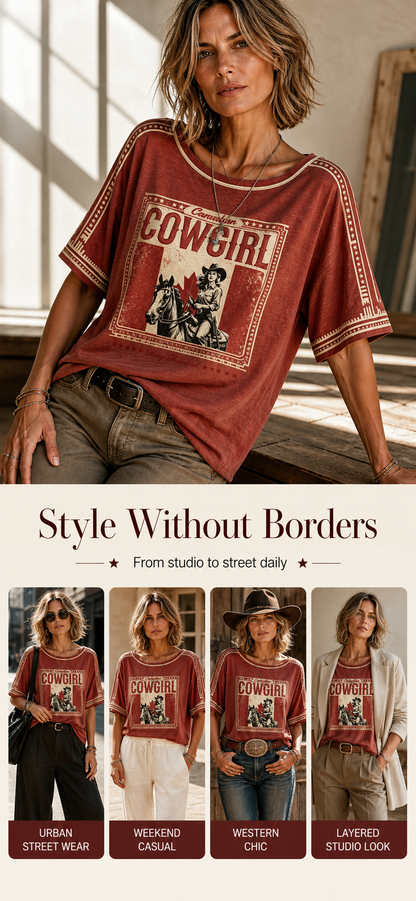 Women's Retro Calgary Stampede Printed Vintage Fashion Loose Short Sleeve T-Shirt