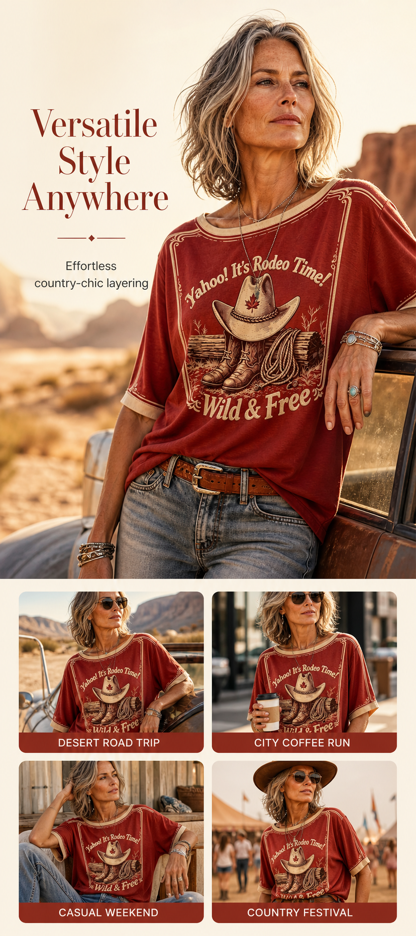 Women's Retro Calgary Stampede Printed Vintage Fashion Loose Short Sleeve T-Shirt