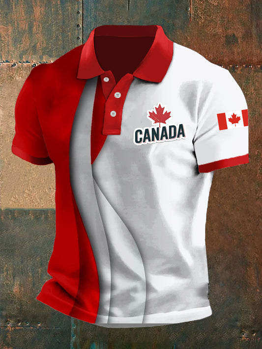 Men's Canada Flag Emblem Printed Casual Polo Shirt