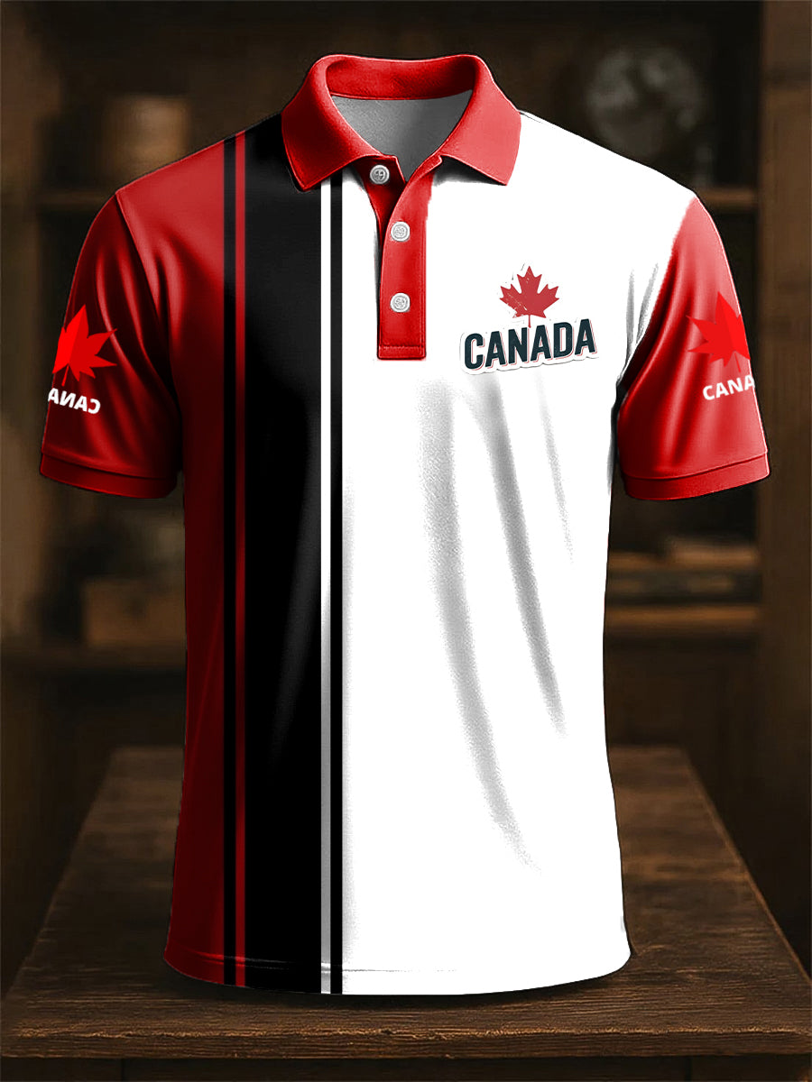 Vintage Canadian Abstract Stripe Print Casual Polo Shirt