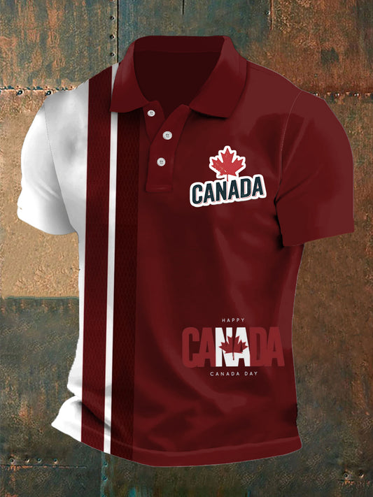 Vintage Canada Emblem Spliced Printed Casual Short Sleeve Polo Shirt