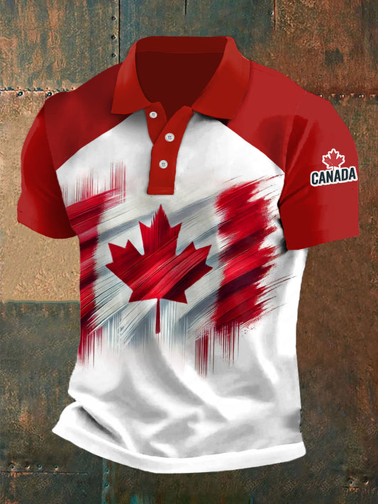 Vintage Canadian Maple Leaf Emblem Print Casual Short Sleeve Polo Shirt
