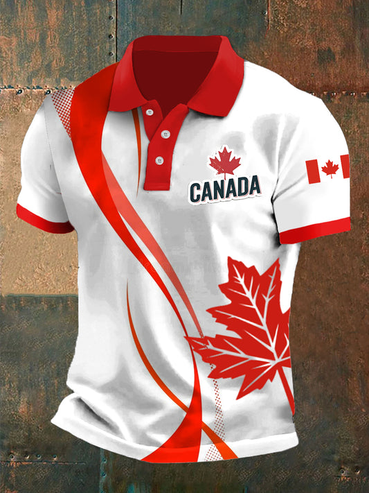 Vintage Canadian Maple Leaf Emblem Printed Casual Polo Shirt