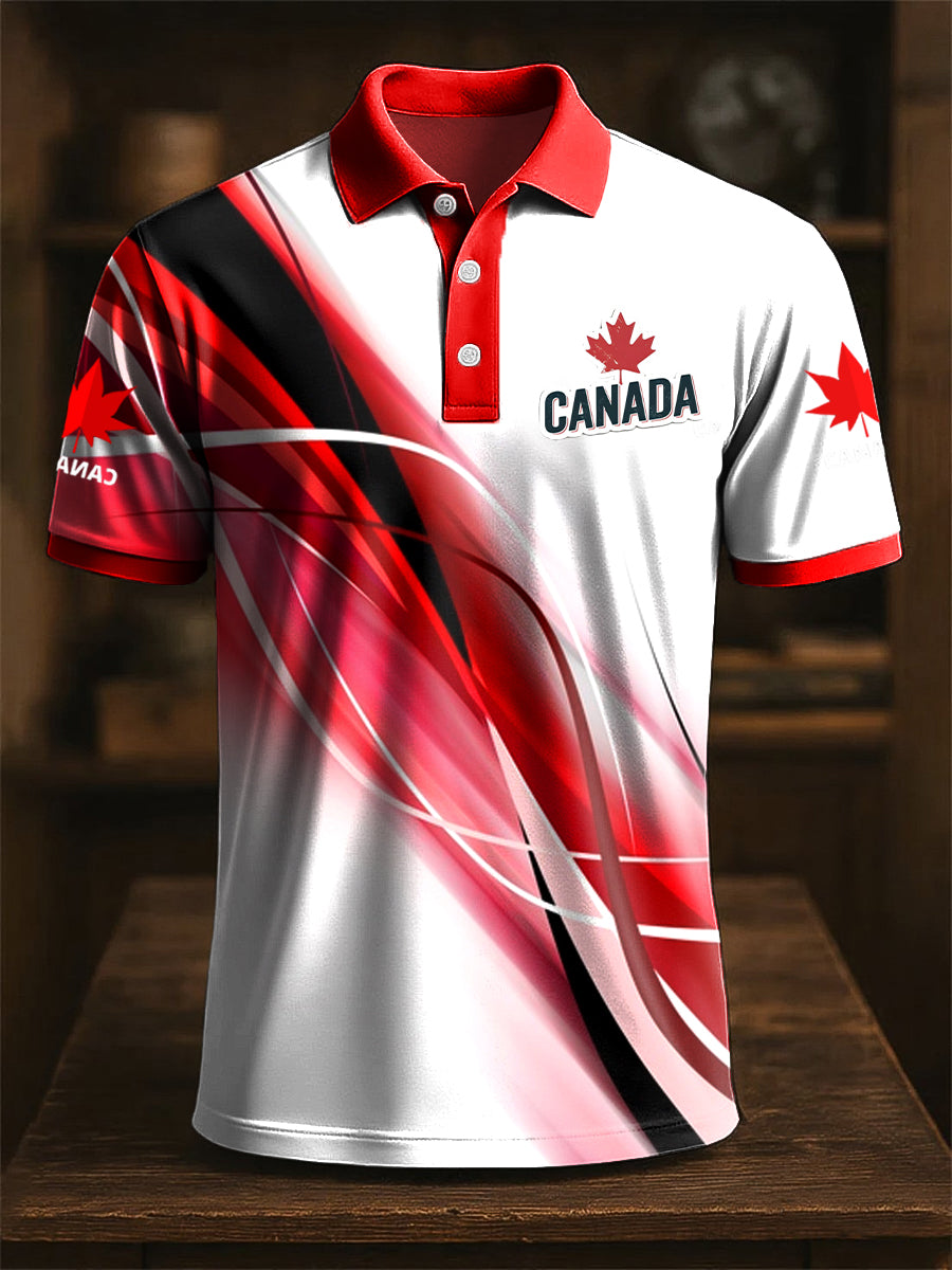 Retro Canadian Badge Line Print Casual POLO Shirt