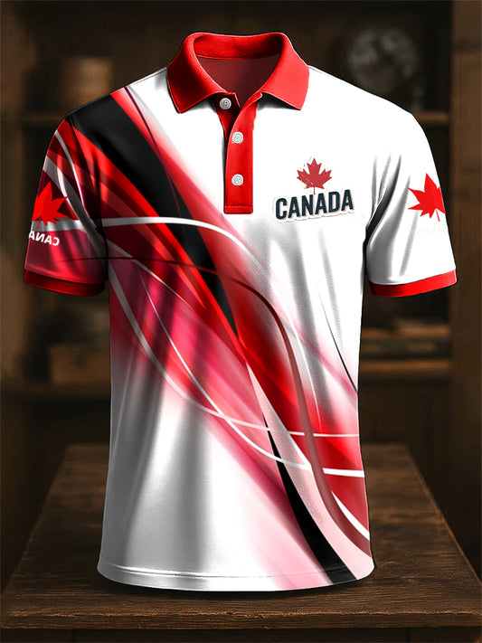 Retro Canadian Badge Line Print Casual POLO Shirt