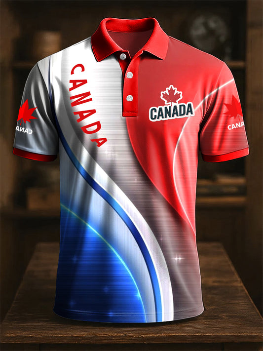 Retro Canadian Maple Leaf Abstract Line Print Casual POLO Shirt-1