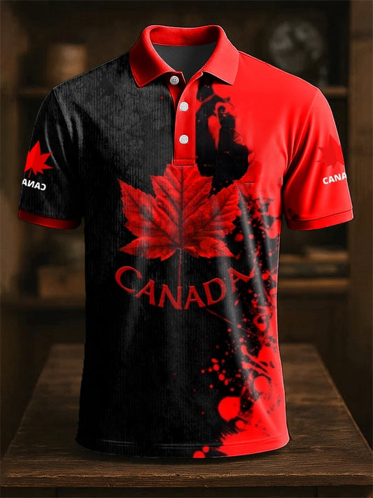 Retro Canadian Maple Leaf Stitching Printed Casual POLO Shirt