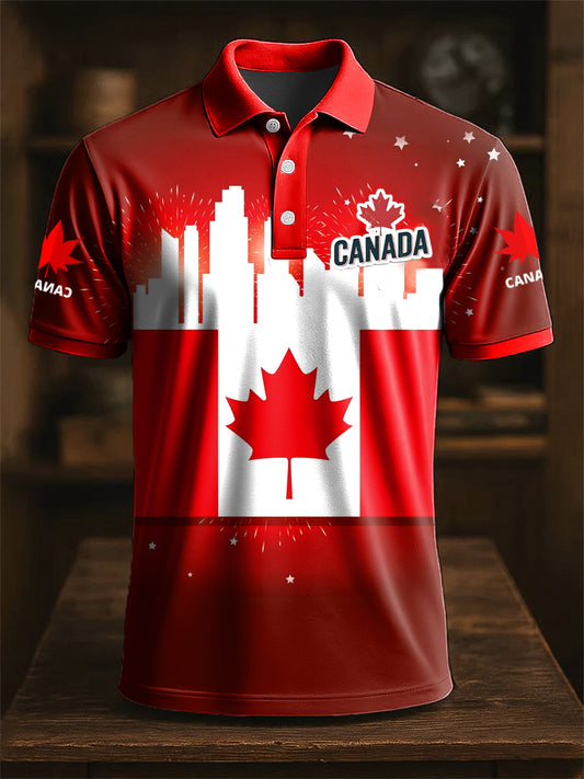 Vintage Canadian Maple Leaf Abstract Print Casual POLO Shirt-1