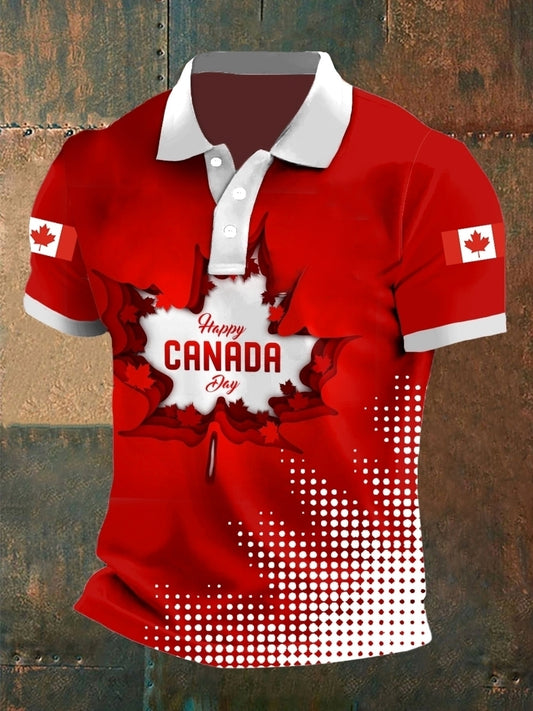 Vintage Canadian Maple Leaf Abstract Print Casual POLO Shirt