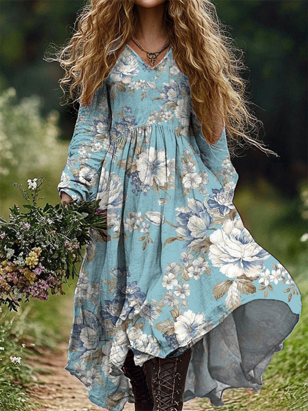 Women's Stylish Elegant Art Floral Print V-Neck Long Sleeve Long Dress