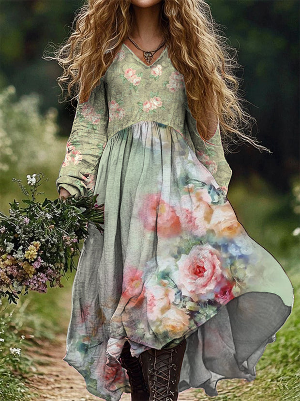 Women's Fashion Elegant Art Floral Print V-Neck Long Sleeve Long Dress