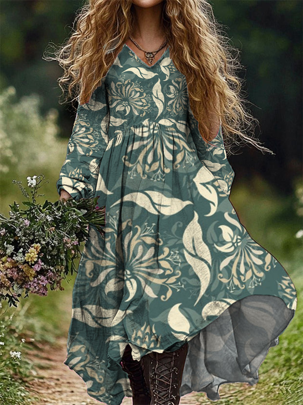 Women's Fashion Elegant Art Floral Print V-Neck Long Sleeve Long Dress