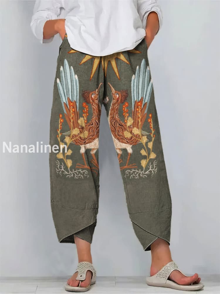 Abstract Phoenix Print Art Cropped Casual Cotton Pants Colorful / S
