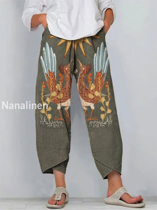 Abstract Phoenix Print Art Cropped Casual Cotton Pants Colorful / S