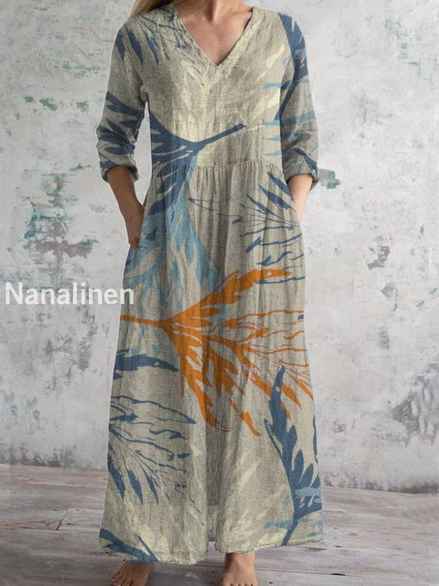 Abstract Vintage Art Print Chic V Neck Three Quarter Sleeve Elegant Midi Dress Beige / S