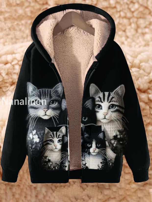 Animal Art Print Long Sleeve Hooded Zip-Up Thick Top Jacket A / S