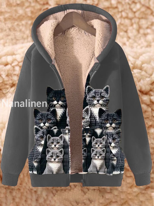 Animal Art Print Long Sleeve Hooded Zip-Up Thick Top Jacket A / S