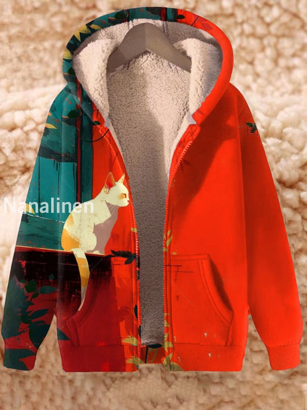 Animal Art Print Long Sleeve Hooded Zip-Up Thick Top Jacket A / S