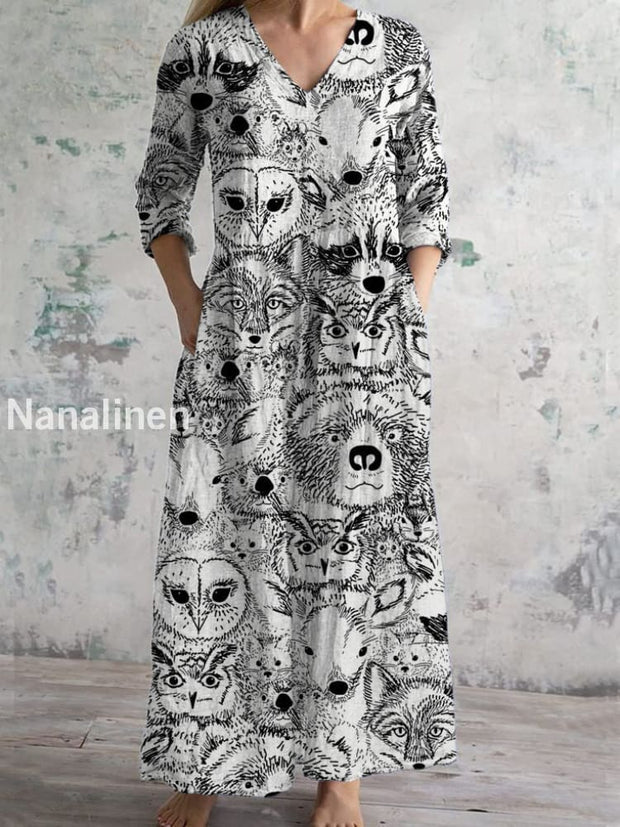 Animal Fashion Art Print Chic V Neck Three Quarter Sleeve Elegant Midi Dress White / S