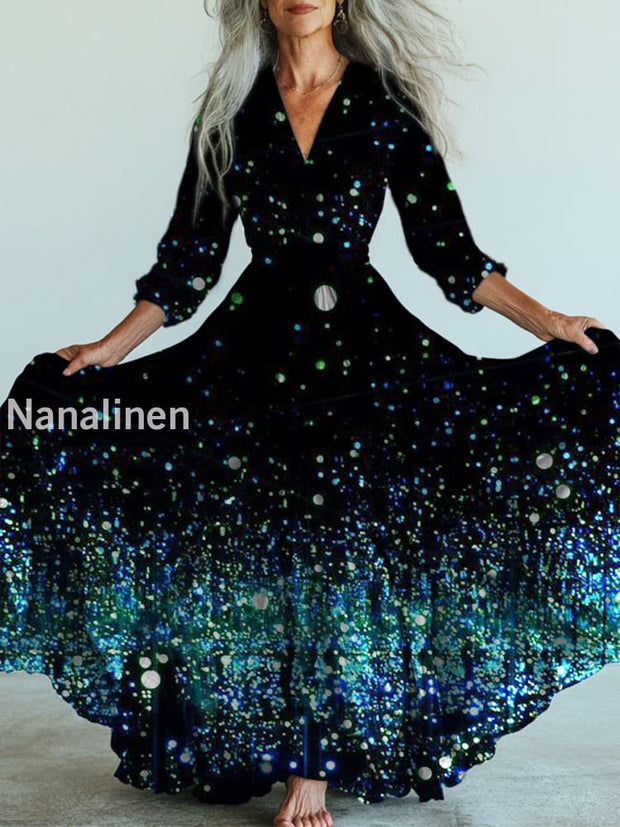 Blue-Green Star Spot Printed Vintage V-Neck Long Sleeves Midi Dress A / S