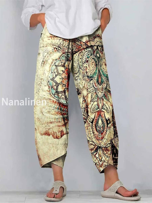 Bohemian Elephant Print Art Cropped Casual Cotton Pants Colorful / S