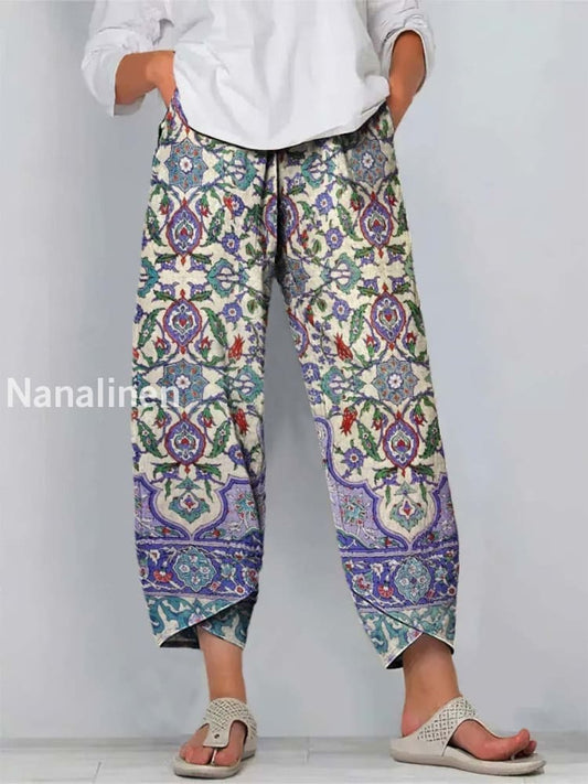 Boho Abstract Print Art Cropped Casual Cotton Pants Colorful / S