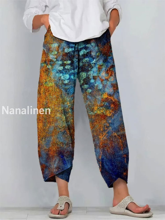 Boho Abstract Print Art Cropped Casual Cotton Pants Colorful / S