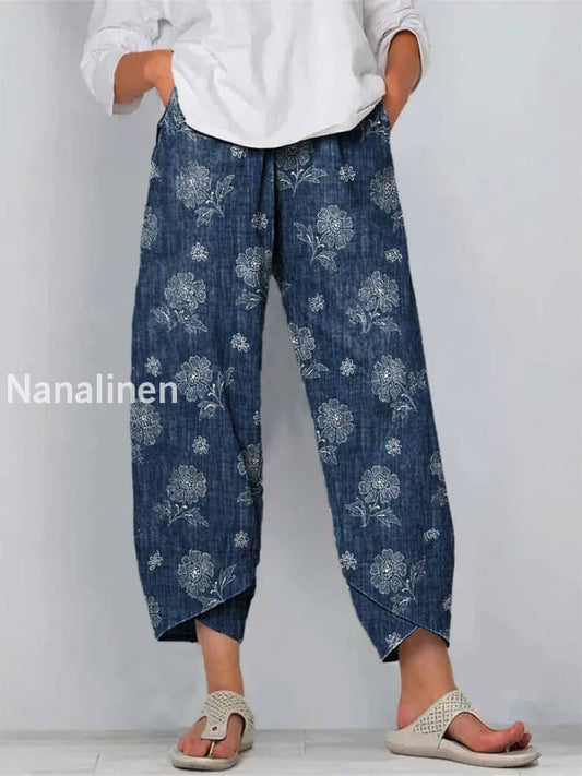 Boho Daisy Print Art Cropped Casual Cotton Pants Colorful / S