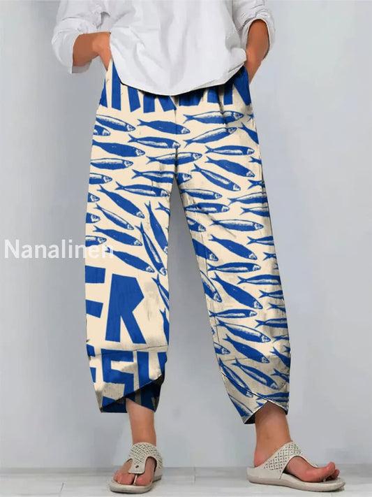 Boho Fish Print Art Cropped Casual Cotton Pants Colorful / S